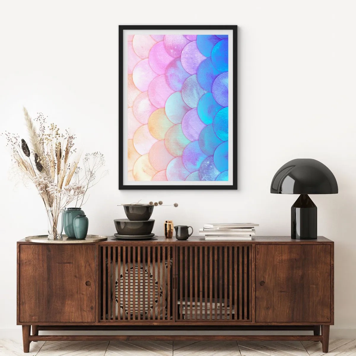 Poster in een zwarte lijst - Een pastelcompositie die lijkt op schubben in regenboogkleuren - 50x70cm - Parel schaal - Moderne wanddecoratie voor woonkamer en slaapkamer ARTTOR