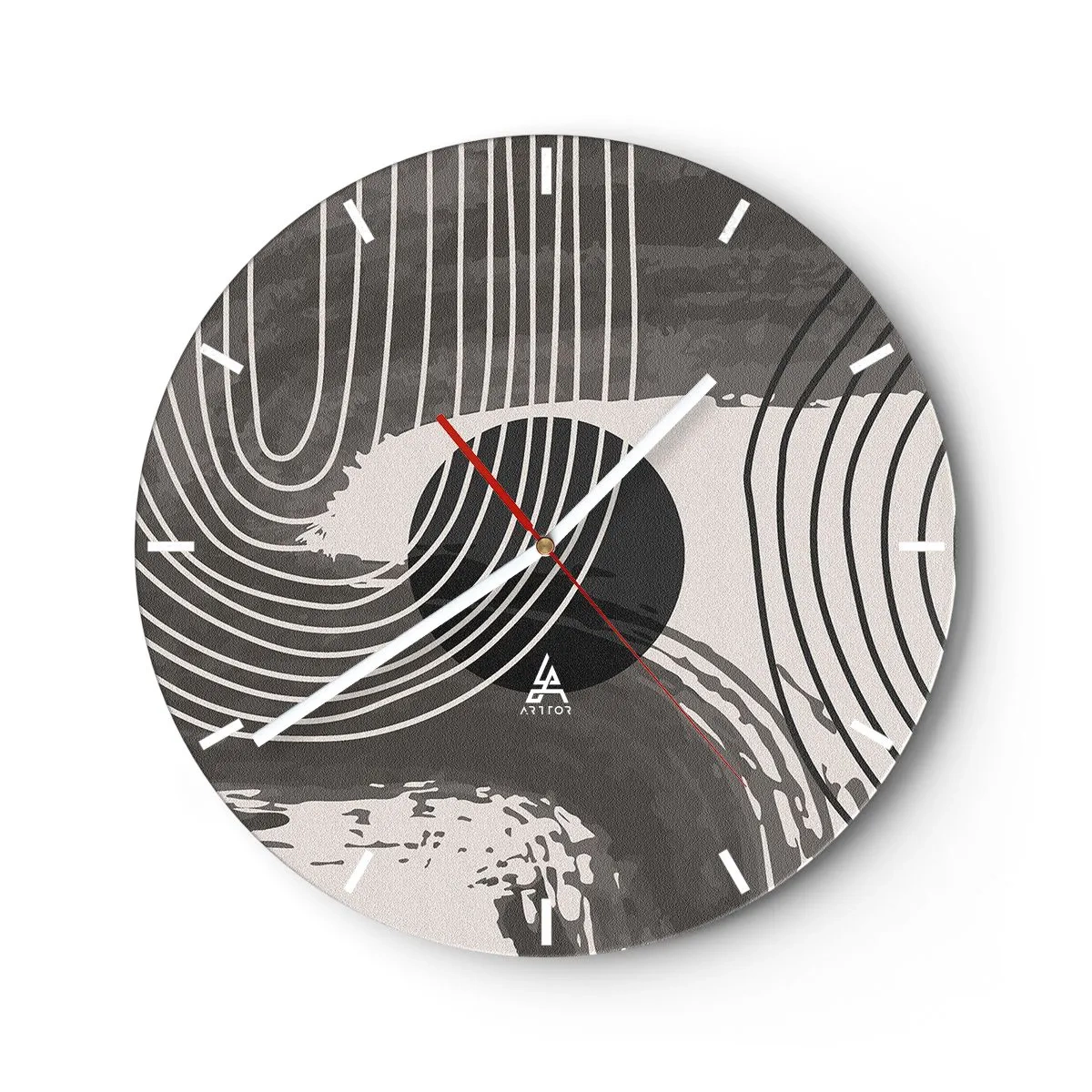 Wandklok - Klok - Zwarte en witte lijnen in een golvend ritme rondom een zwarte cirkel - 30x30cm - Het ovaal wint - Moderne wanddecoratie voor woonkamer, keuken en slaapkamer ARTTOR