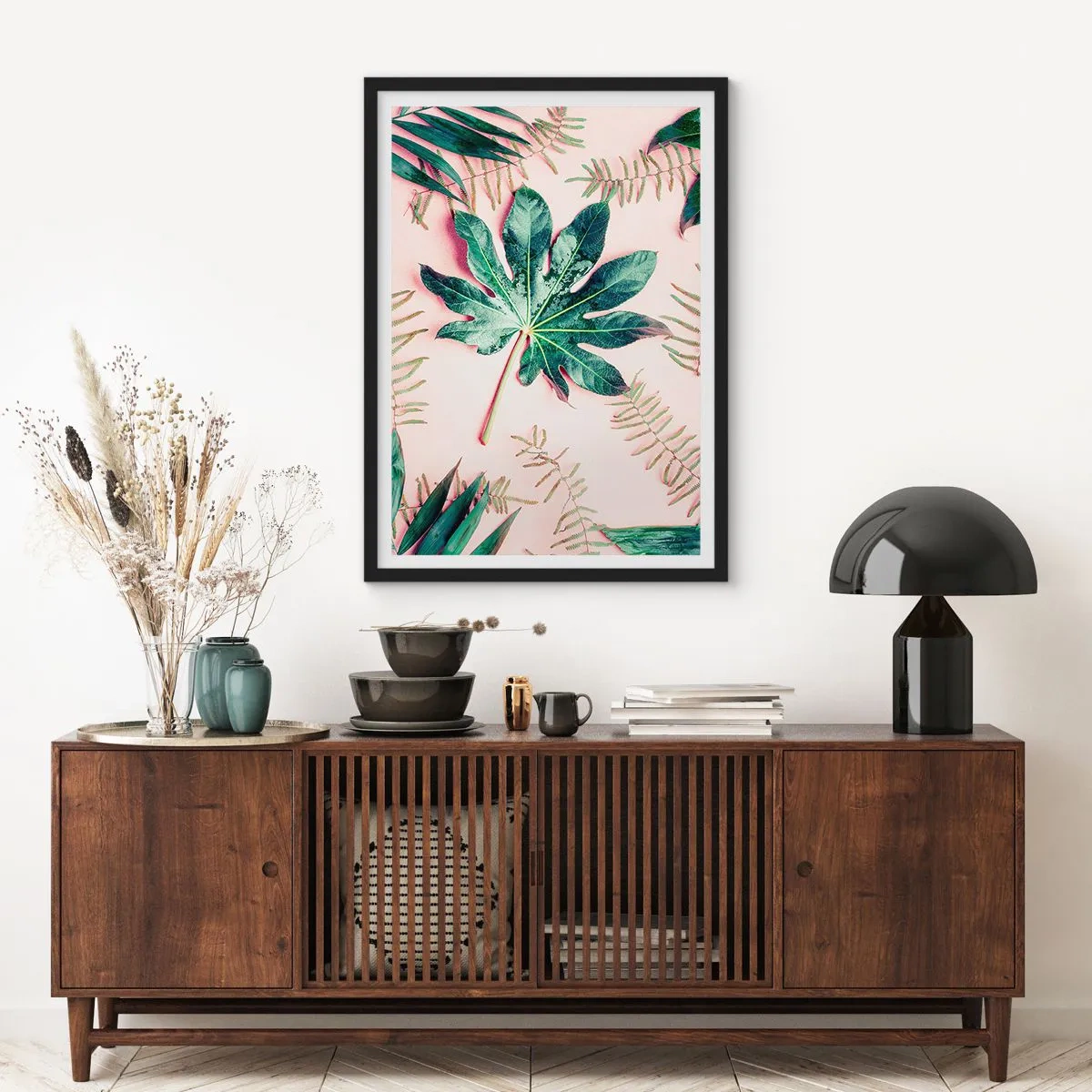 Poster in een zwarte lijst - Een studie van groen op een roze achtergrond - 40x50 cm