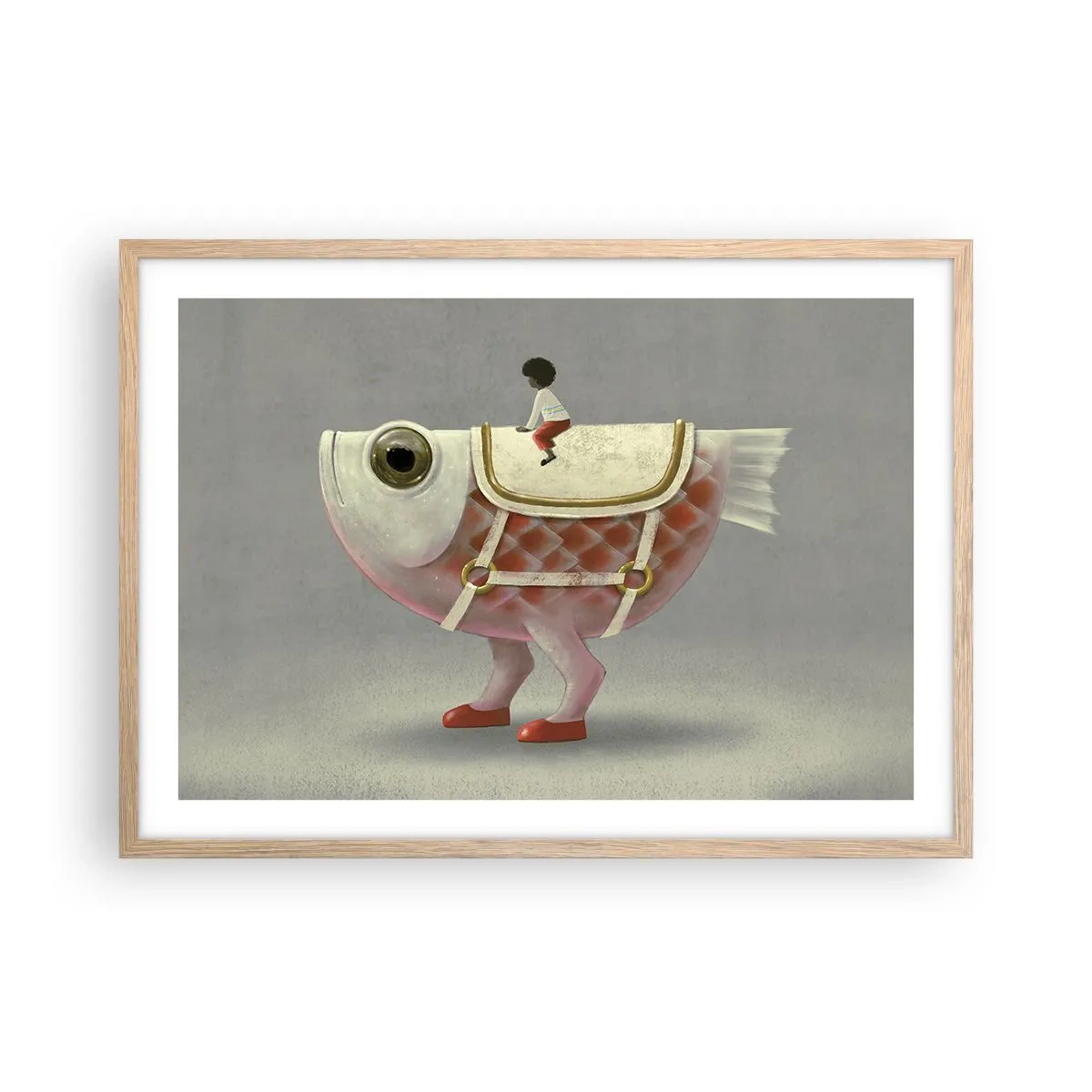 Een poster in een licht eiken lijst - Ruiter op een surrealistische vis - 70x50 cm