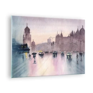 Schilderen op glas - Regenachtig stadsgezicht - 70x50cm - In de regenachtige nevel - Moderne wanddecoratie voor woonkamer en slaapkamer ARTTOR
