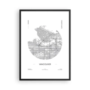 Poster in een zwarte lijst - Een minimalistische zwart-witkaart van Vancouver - 50x70cm - Anatomie van Vancouver - Moderne wanddecoratie voor woonkamer en slaapkamer ARTTOR