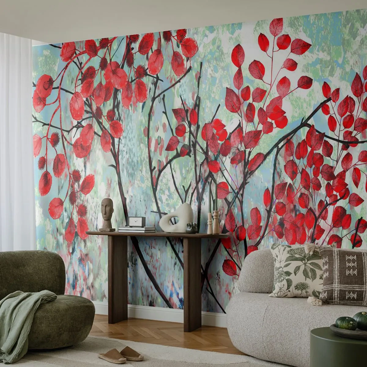 Fotobehang Premium Canvas - Boom in scharlaken - Abstractie, Rode bladeren, Tak - 200x140 cm
