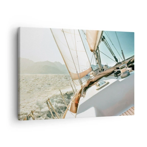 Schilderen op canvas - Een jacht op open zee met uitzicht op de bergen - 70x50cm - Onder vol zeil - Moderne wanddecoratie voor woonkamer en slaapkamer ARTTOR