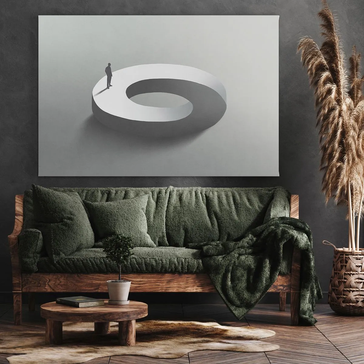 Schilderen op canvas - Een man op een grijze, abstracte structuur - 70x50cm - En wees hier slim - Moderne wanddecoratie voor woonkamer en slaapkamer ARTTOR