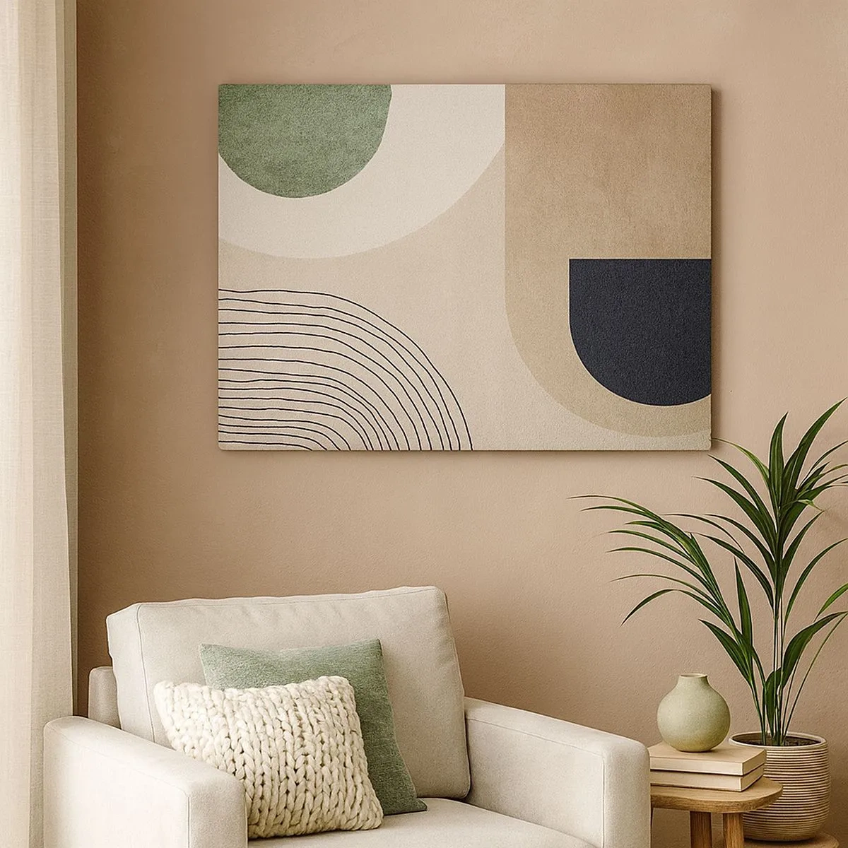 Schilderen op canvas - Geometrische vormen in tinten beige en groen - 70x50cm - De zachtheid van het ovaal - Moderne wanddecoratie voor woonkamer en slaapkamer ARTTOR