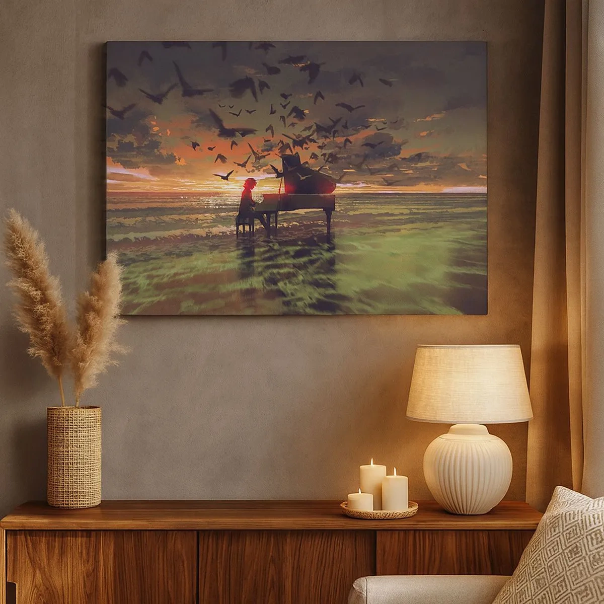 Schilderen op canvas - Een piano aan de kust bij zonsondergang met vogels - 70x50cm - Concert voor piano en golven - Moderne wanddecoratie voor woonkamer en slaapkamer ARTTOR