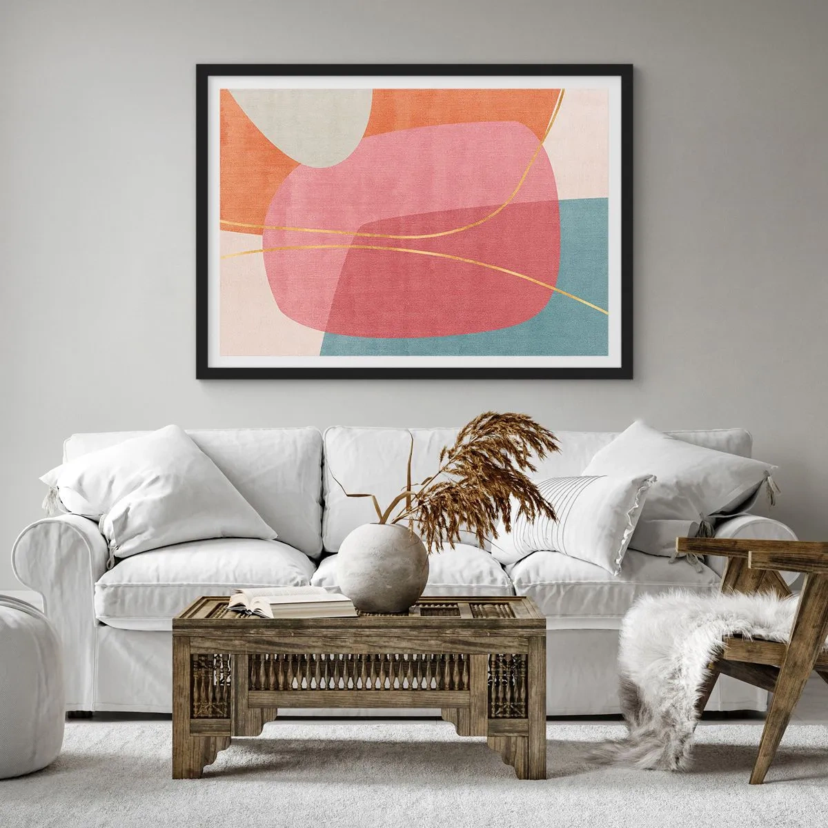 Poster in een zwarte lijst - Pastelkleurcompositie met gouddraad - 91x61 cm