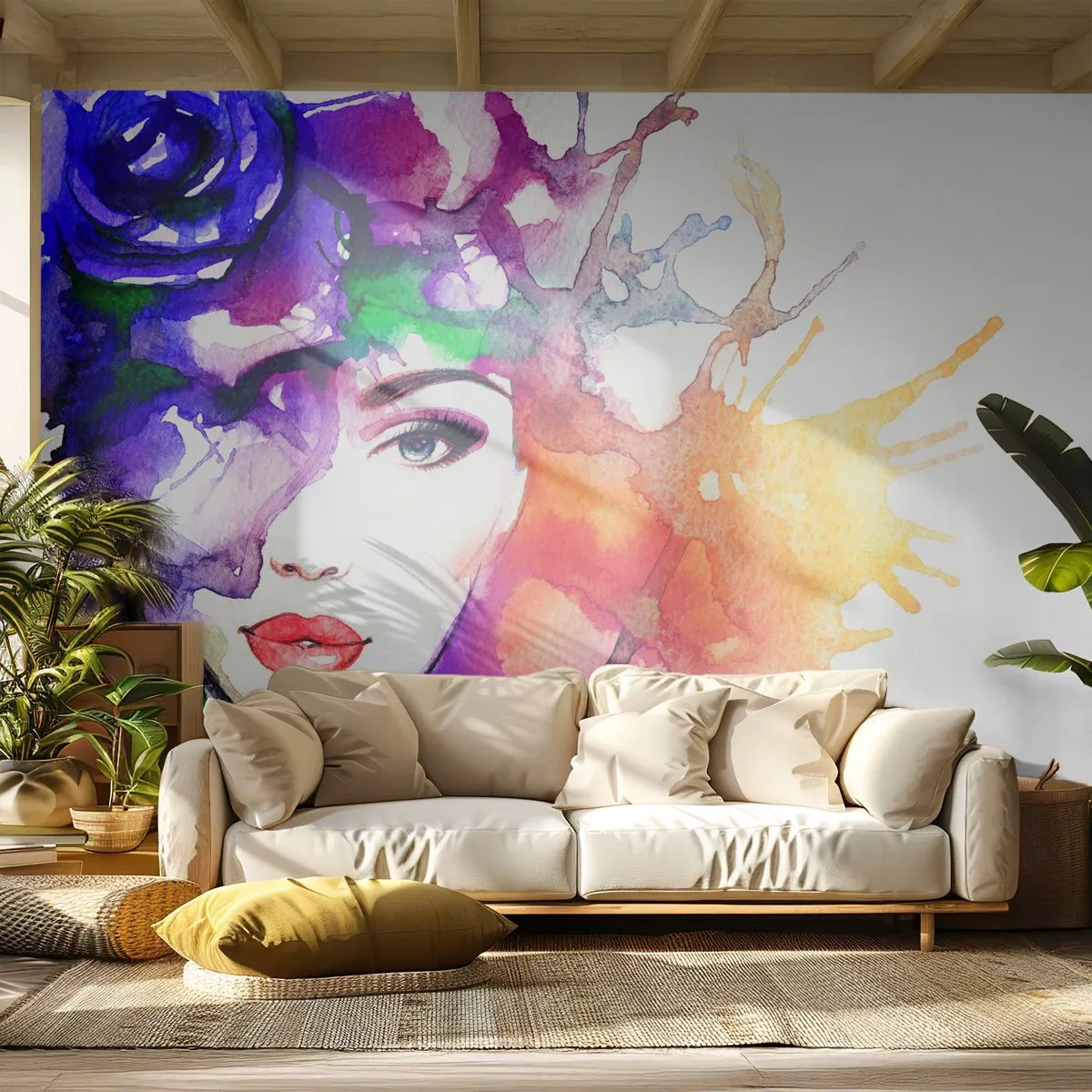 Zelfklevend Fotobehang Deluxe Sticker - Met hoofd in de wolken - Vrouw, Het gezicht van de vrouw, Abstractie - 250x175 cm