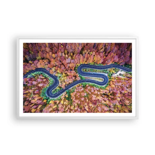 Poster in een witte lijst - Een kronkelende weg door het bos - 91x61 cm