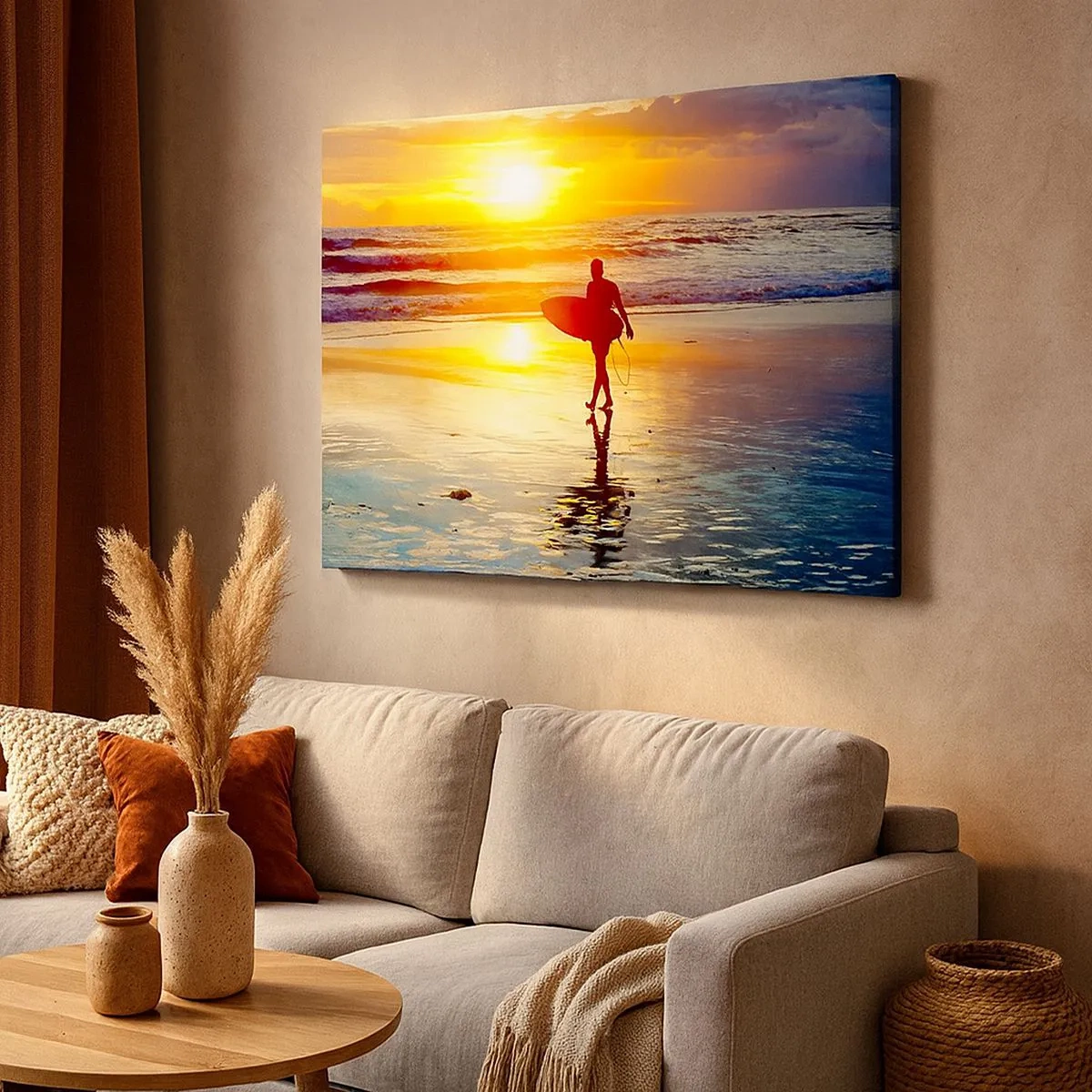 Schilderen op canvas - Een surfer loopt bij zonsondergang over het strand met een surfplank in zijn hand. - 70x50cm - De terugkeer van de krijger - Moderne wanddecoratie voor woonkamer en slaapkamer ARTTOR