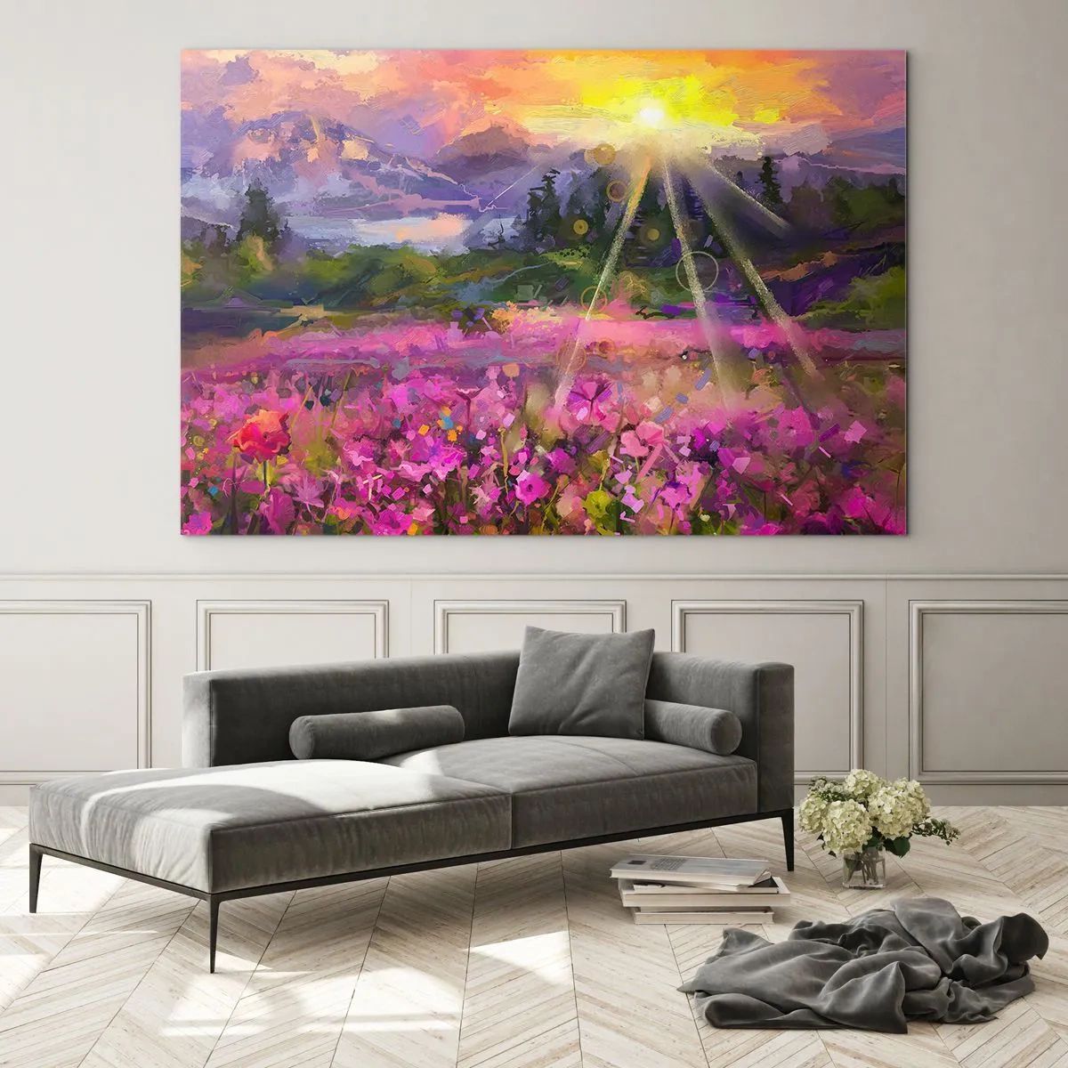 Schilderen op glas - Een pittoreske vallei vol bloemen verlicht door de zonnestralen - 70x50cm - In de vallei onder de bescherming van de zon - Moderne wanddecoratie voor woonkamer en slaapkamer ARTTOR