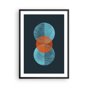 Poster in een zwarte lijst - Symmetrische cirkels in tinten blauw en oranje met lijnen - 50x70cm - Symmetrische compositie - Moderne wanddecoratie voor woonkamer en slaapkamer ARTTOR