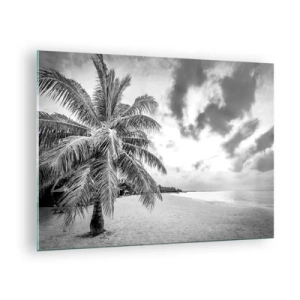 Schilderen op glas - Een zwart-witte palmboom op een leeg strand met een bewolkte lucht. - 70x50cm - Wanneer je verlangt naar eenzaamheid... - Moderne wanddecoratie voor woonkamer en slaapkamer ARTTOR