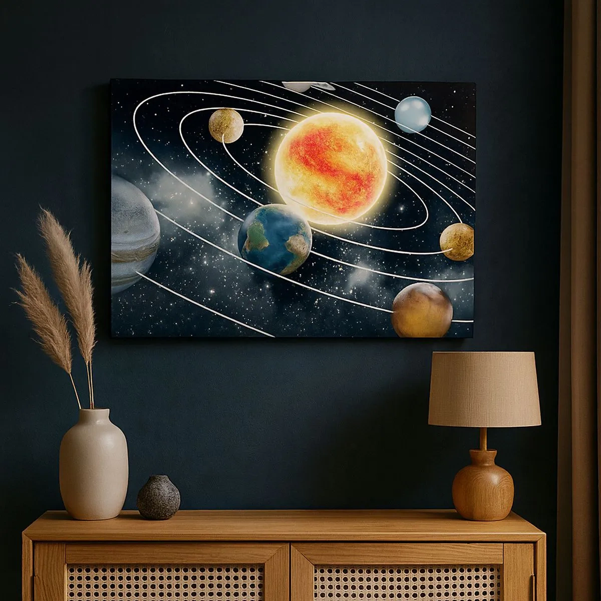 Schilderen op canvas - Zonnestelsel met planeten en de zon in de ruimte - 70x50cm - Kosmische dans - Moderne wanddecoratie voor woonkamer en slaapkamer ARTTOR