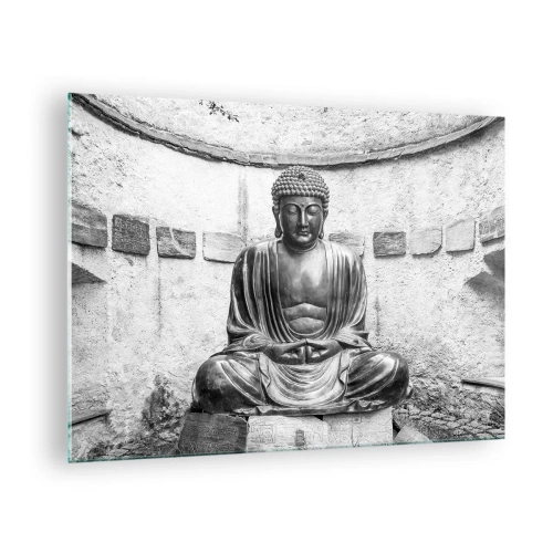 Schilderen op glas - Zwart-wit Boeddhabeeld in meditatieve houding - 70x50cm - Aan de bron van vrede - Moderne wanddecoratie voor woonkamer en slaapkamer ARTTOR