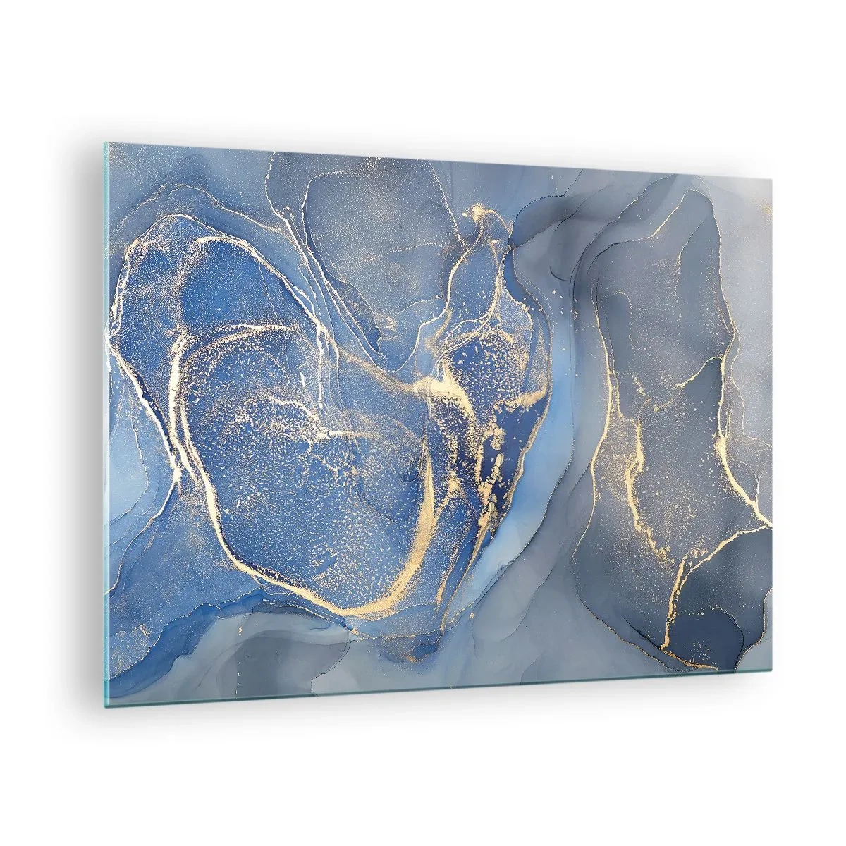 Schilderen op glas - Een abstracte compositie in tinten marineblauw en goud - 70x50cm - Goudstof - Moderne wanddecoratie voor woonkamer en slaapkamer ARTTOR