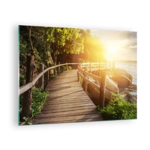 Schilderen op glas - Een houten pad tussen de bomen aan de zee in het licht van de zonsondergang - 70x50cm - Nog een beurt, nog een wonder - Moderne wanddecoratie voor woonkamer en slaapkamer ARTTOR