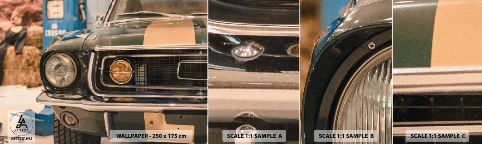 Fotobehang Monster Zelfklevend Deluxe Sticker - Ontmoeting met een legende - Auto, Automobiel, Ouderwets - 100x30 cm