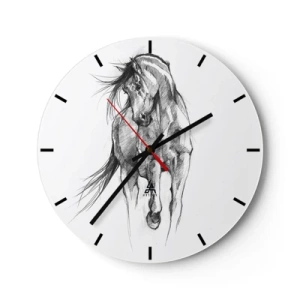 Wandklok - Klok - Een potloodschets van een galopperend paard op een witte achtergrond. - 30x30cm - In een sierlijke draf - Moderne wanddecoratie voor woonkamer, keuken en slaapkamer ARTTOR