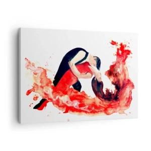Schilderen op canvas - Een dynamisch aquarelschilderij van een dansend paar in rode tinten. - 70x50cm - Tango - een sensuele golf - Moderne wanddecoratie voor woonkamer en slaapkamer ARTTOR