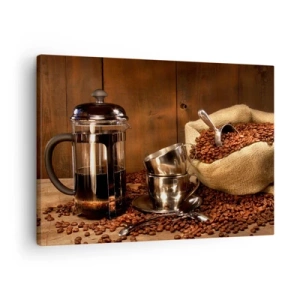Schilderen op canvas - French press, kopjes en een zak koffie op een houten achtergrond - 70x50cm - De charme van koffie - aroma en smaak - Moderne wanddecoratie voor woonkamer en slaapkamer ARTTOR
