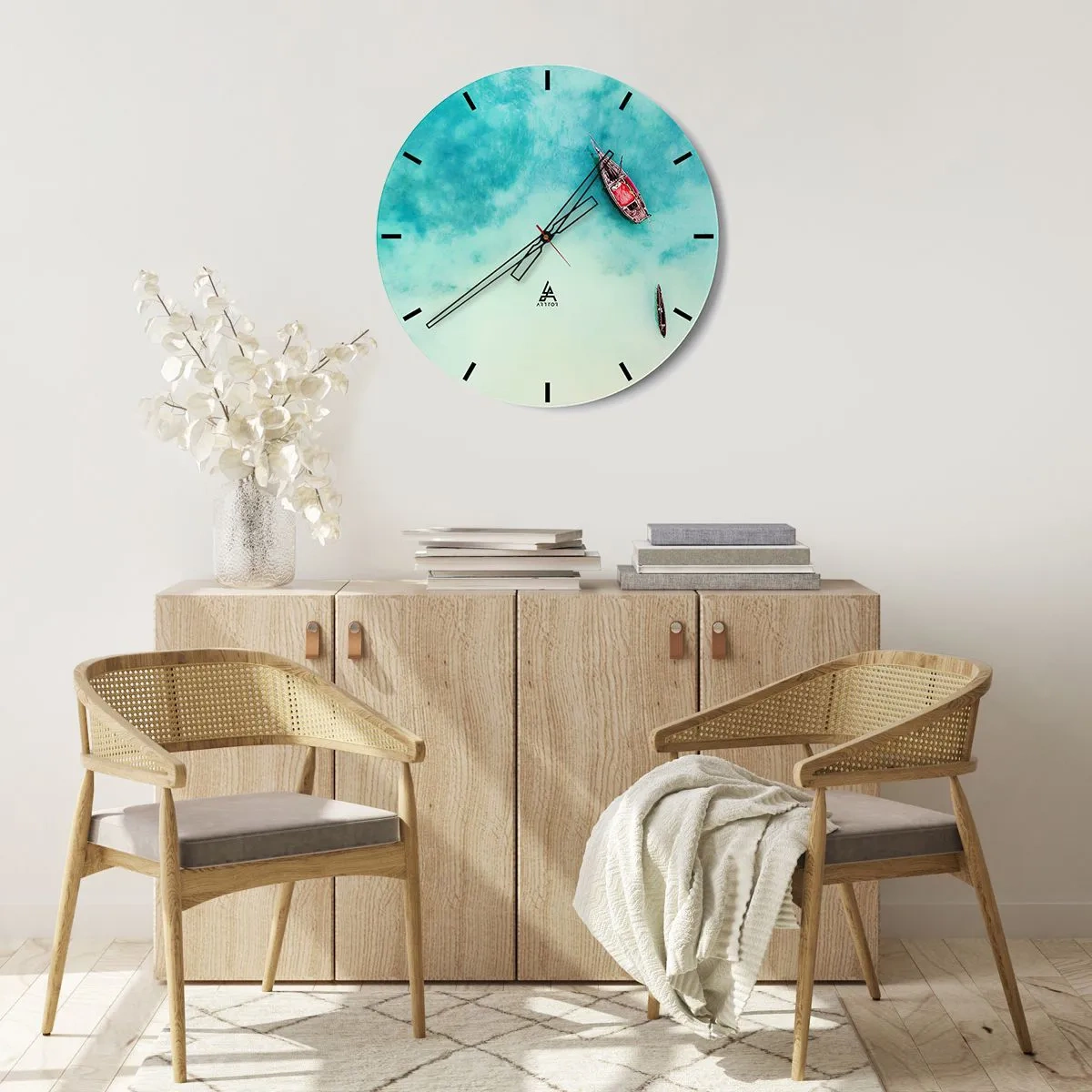 Wandklok - Klok - Boten op turquoise water - 30x30cm - Want op de stranden van Zanzibar, wanneer het teveel aan water ... - Moderne wanddecoratie voor woonkamer, keuken en slaapkamer ARTTOR