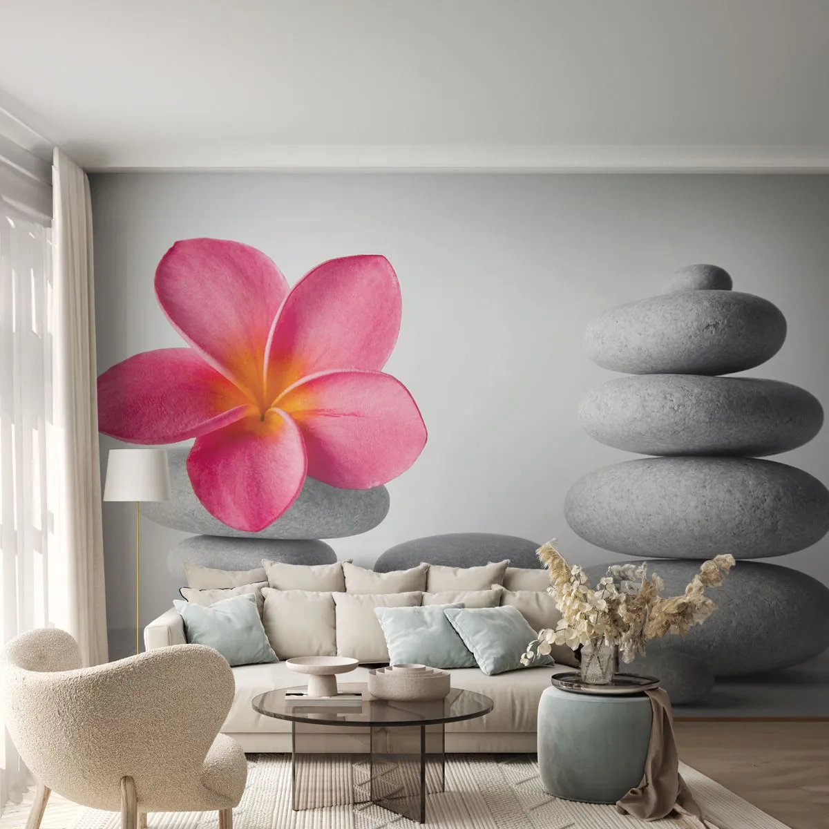 Fotobehang Premium Sand - Steen op steen, en op deze steen... - Bloem, Stenen, Spa - 450x315 cm