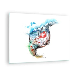 Schilderen op glas - Aquarel van een Zwitsers landschap met een vlag en een horloge - 70x50cm - De geest van Zwitserland - Moderne wanddecoratie voor woonkamer en slaapkamer ARTTOR