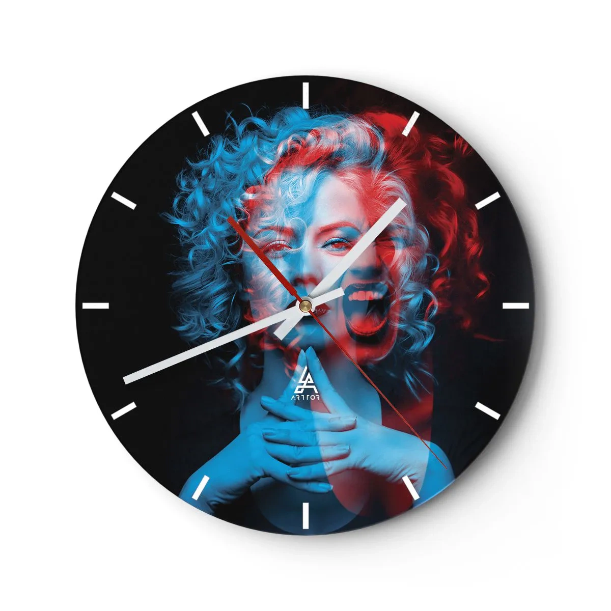 Wandklok - Klok - 3D-effect vrouw in blauwe en rode kleuren - 30x30cm - Alter ego - Moderne wanddecoratie voor woonkamer, keuken en slaapkamer ARTTOR