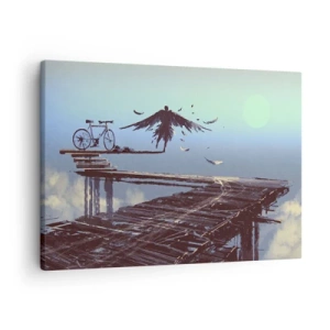 Schilderen op canvas - Een figuur met veren zweeft over een houten brug naast een fiets. - 70x50cm - Icarus leeft voor altijd - Moderne wanddecoratie voor woonkamer en slaapkamer ARTTOR