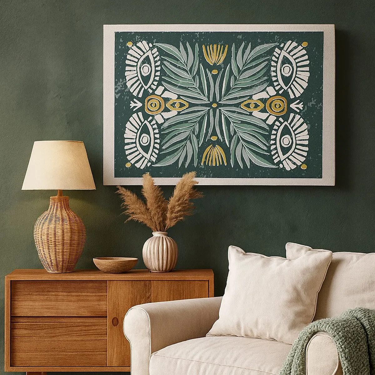 Schilderen op canvas - Symmetrisch plantenpatroon op een groene achtergrond - 70x50cm - Als een volksuitsnede - Moderne wanddecoratie voor woonkamer en slaapkamer ARTTOR