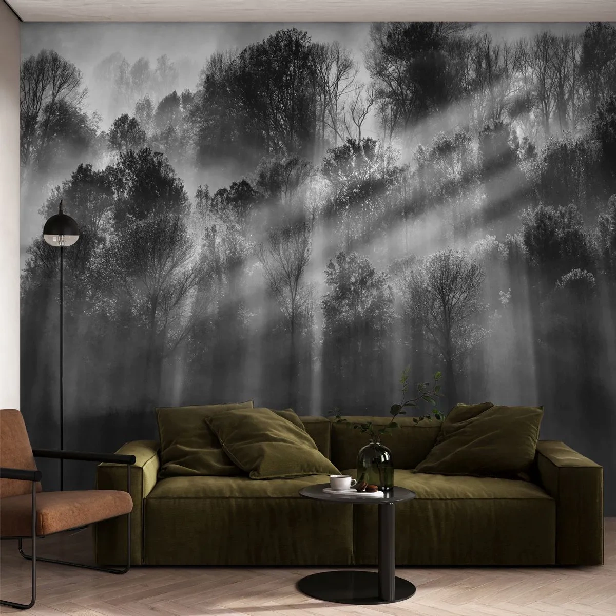 Zelfklevend Fotobehang Deluxe Sticker - In stromen van licht - Landschap, Woud, Zwart en wit - 250x175 cm