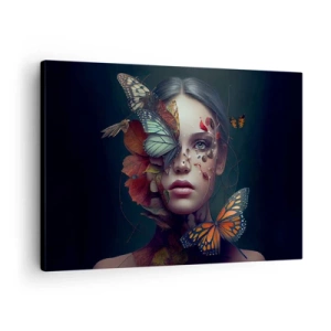 Schilderen op canvas - Portret van een vrouw met vlinders en plantenelementen - 70x50cm - Een prachtige metamorfose - Moderne wanddecoratie voor woonkamer en slaapkamer ARTTOR