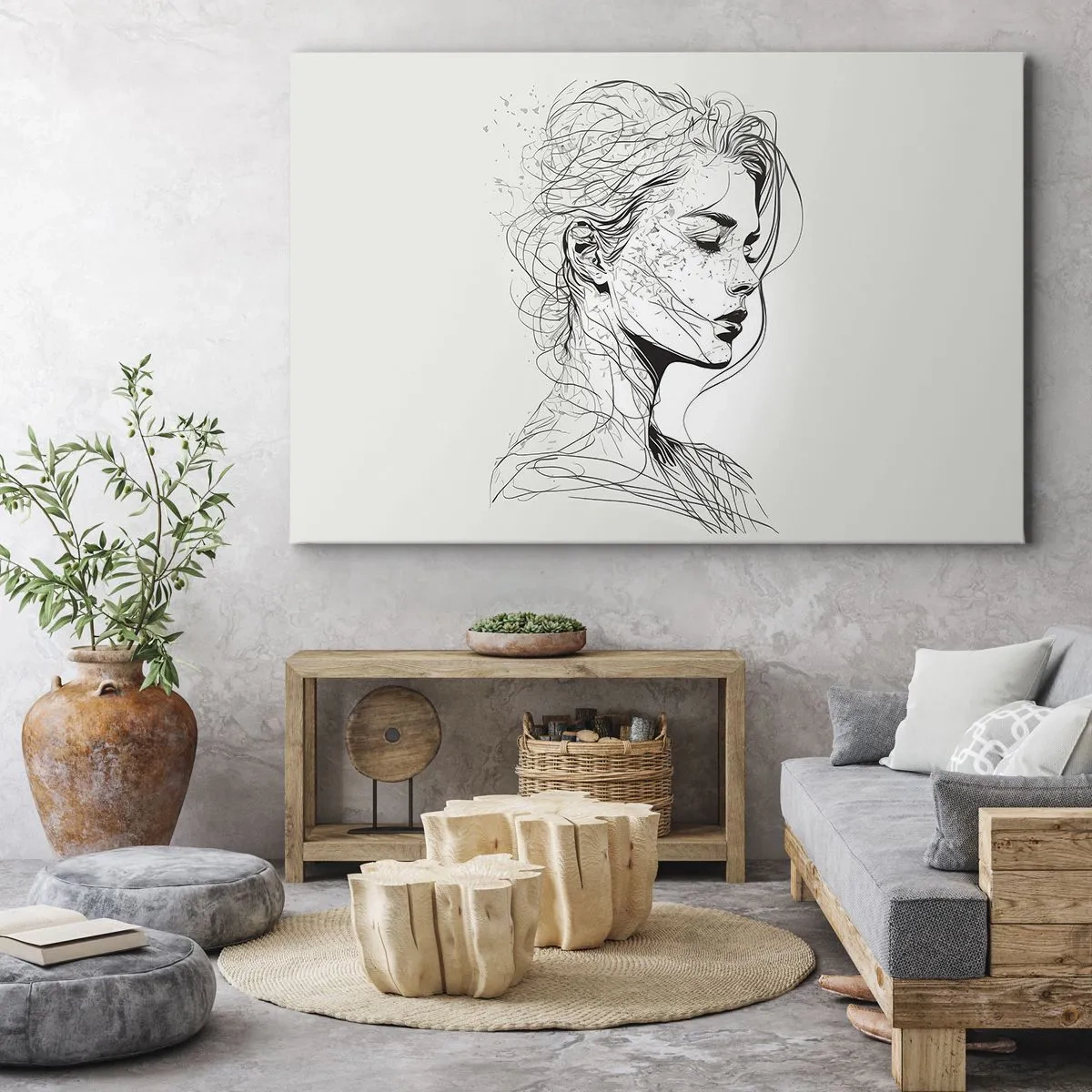 Schilderen op canvas - Een delicaat portret van een vrouw in een minimalistische grafische stijl. - 70x50cm - Portret in gedachten - Moderne wanddecoratie voor woonkamer en slaapkamer ARTTOR