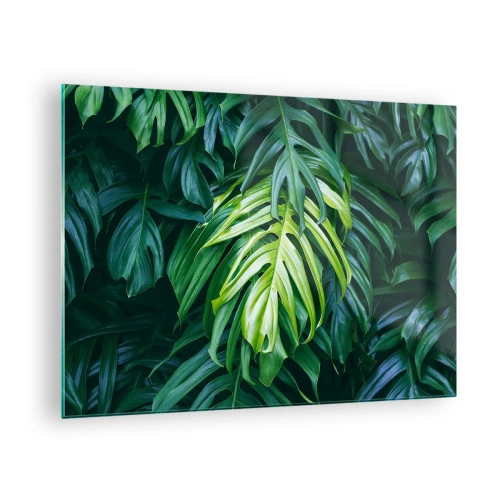 Schilderen op glas - Weelderige groene monsterabladeren in natuurlijk licht - 70x50cm - Dompel jezelf onder in de frisheid - Moderne wanddecoratie voor woonkamer en slaapkamer ARTTOR