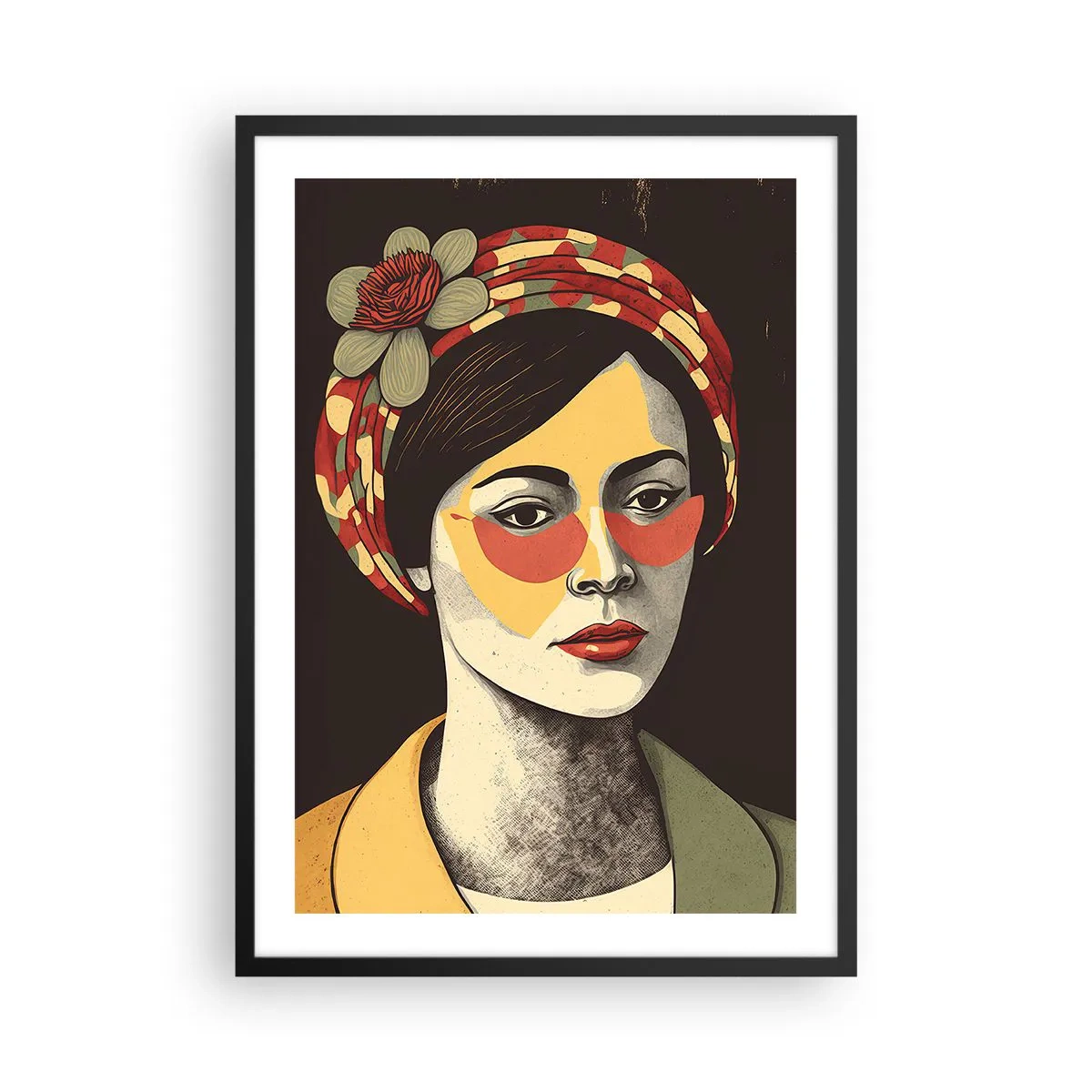 Poster in een zwarte lijst - Gestileerd portret van een vrouw in een tulband met een bloemenaccent - 50x70cm - Koraal Dame - Moderne wanddecoratie voor woonkamer en slaapkamer ARTTOR