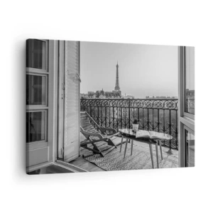 Schilderen op canvas - Uitzicht op de Eiffeltoren vanaf het balkon met ligstoelen en een tafel - 70x50cm - Parijs' namiddag - Moderne wanddecoratie voor woonkamer en slaapkamer ARTTOR