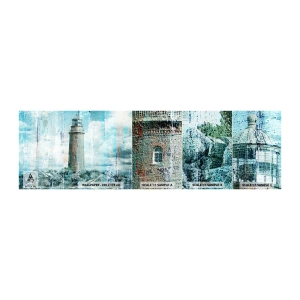 Fotobehang Monster Zelfklevend Deluxe Sticker - Op oud hout - Abstractie, Vuurtoren, Zee - 100x30 cm