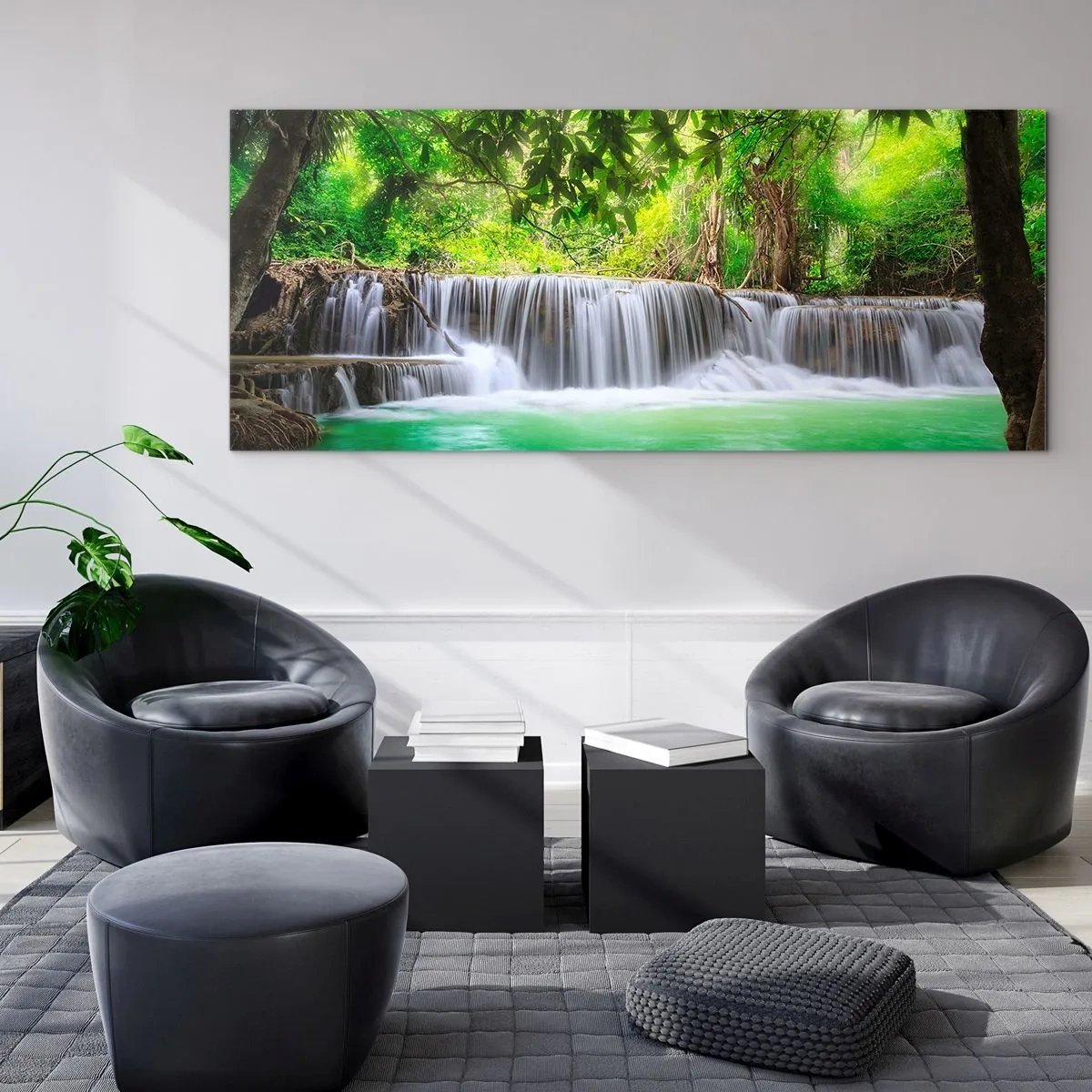 Schilderen op glas - Een waterval in het groen - 160x50 cm