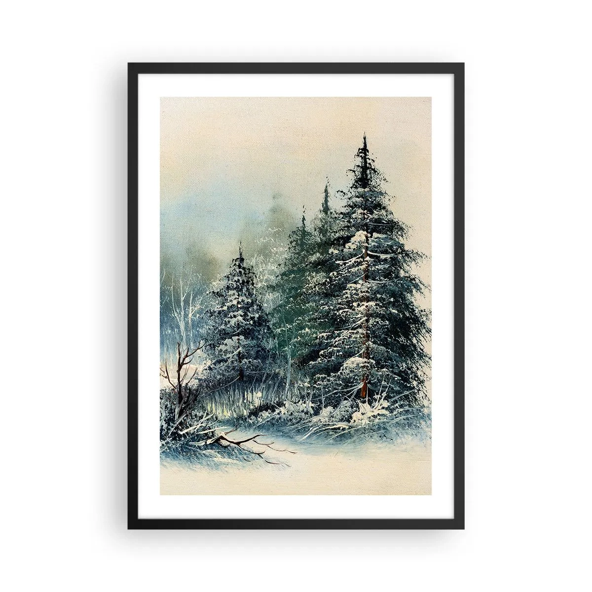 Poster in een zwarte lijst - Met sneeuw bedekte bomen in een winterbos tegen een kalme lucht - 50x70cm - Klaar voor kerst - Moderne wanddecoratie voor woonkamer en slaapkamer ARTTOR