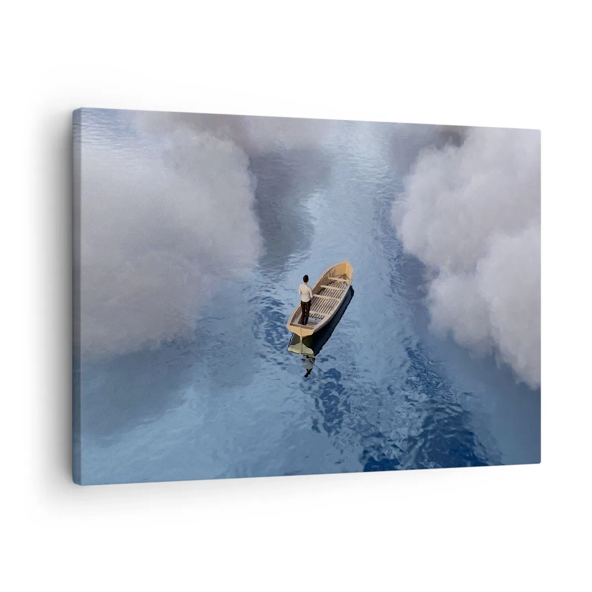 Schilderen op canvas - Een man in een boot op een kalme zee, omringd door wolken - 70x50cm - Leven – reis – onbekend - Moderne wanddecoratie voor woonkamer en slaapkamer ARTTOR