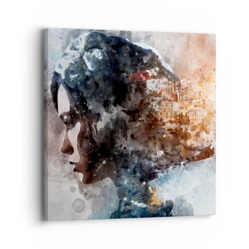 Schilderen op canvas - Een verhaal over een meisje met een stad op de achtergrond - 30x30 cm