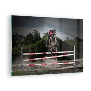 Schilderen op glas - Een ruiter op een paard springt over een hindernis tegen de achtergrond van de natuur - 70x50cm - Samen naar de overwinning - Moderne wanddecoratie voor woonkamer en slaapkamer ARTTOR