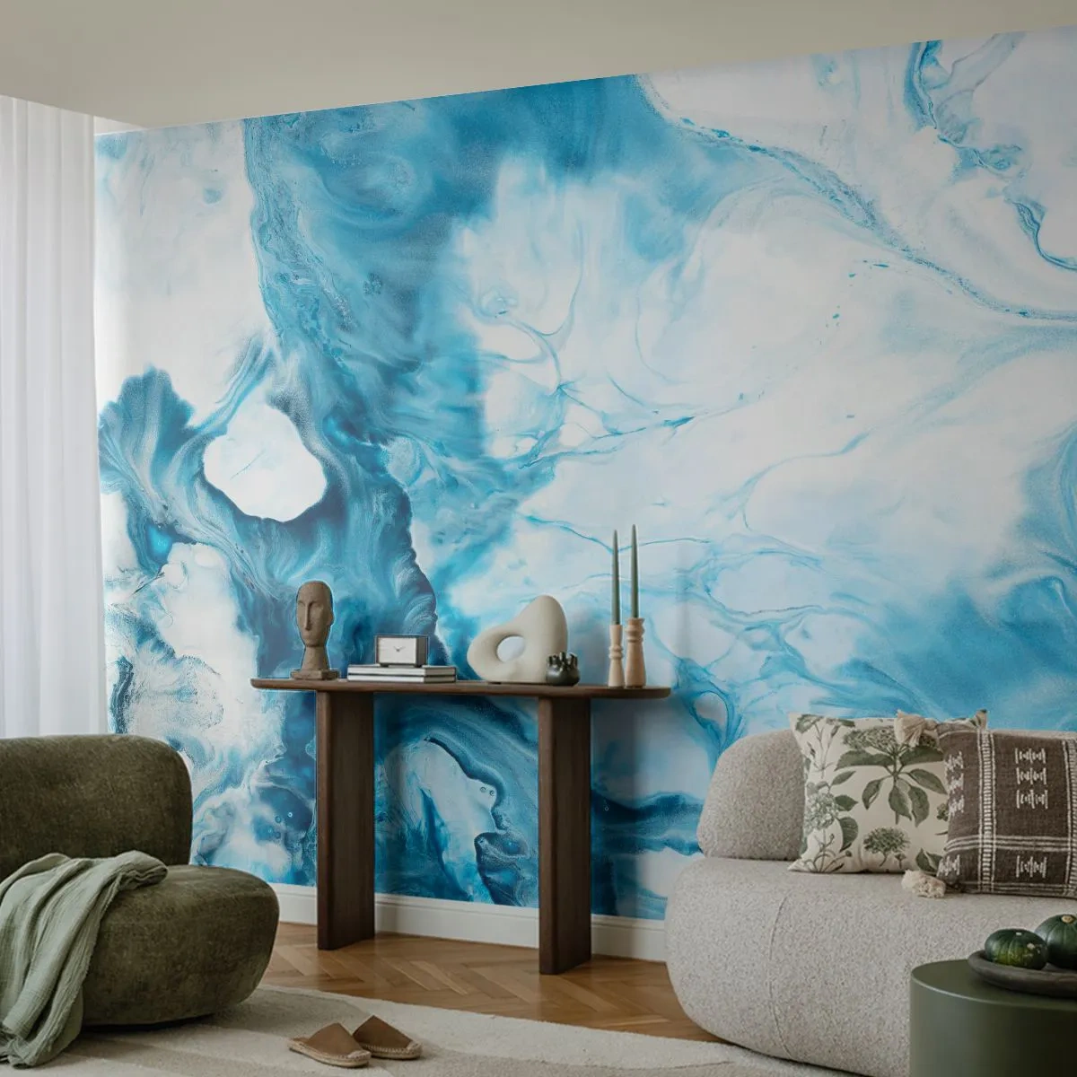 Fotobehang Premium Sand - Blauw Concert - Abstractie, Deel, Moderne kunst - 300x210 cm