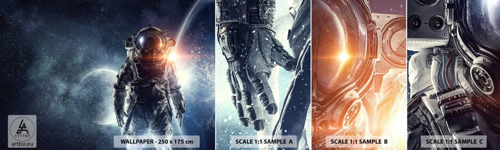 Fotobehang Monster Zelfklevend Deluxe Sticker - Ruimte avontuur - Kosmos, Astronaut, Sterren - 100x30 cm