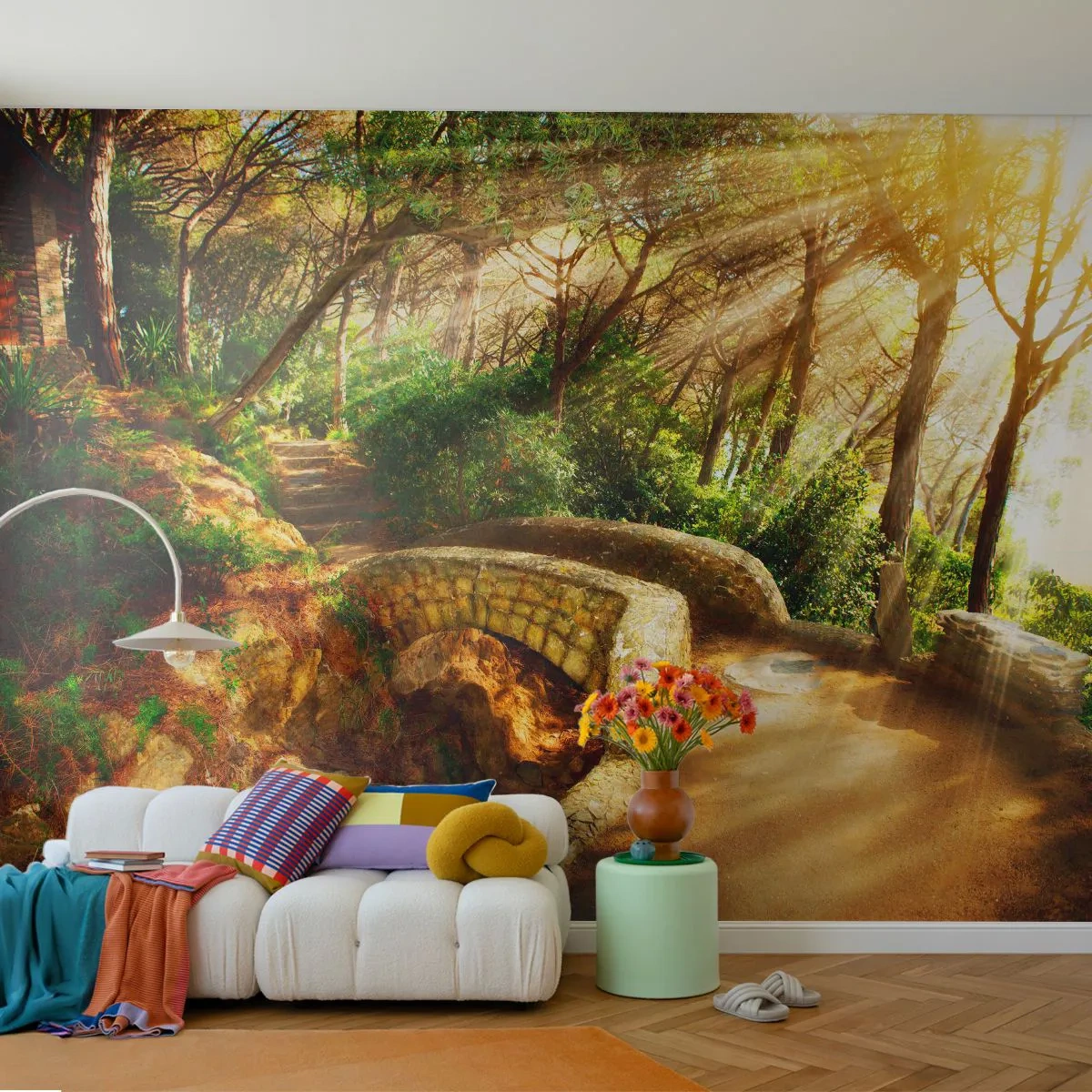 Fotobehang Premium Sand - Rechtstreeks vanaf de brug het sprookjesbos in - Landschappen, Stenen trap, Stralen van de zon - 100x70 cm
