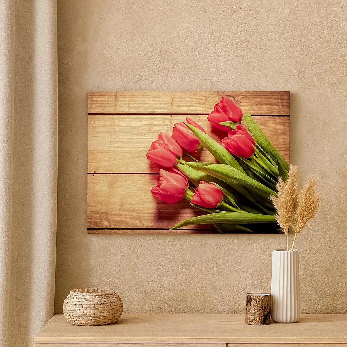 Schilderen op canvas - Een boeket roze tulpen op een houten achtergrond - 70x50cm - Lente bekentenis - Moderne wanddecoratie voor woonkamer en slaapkamer ARTTOR