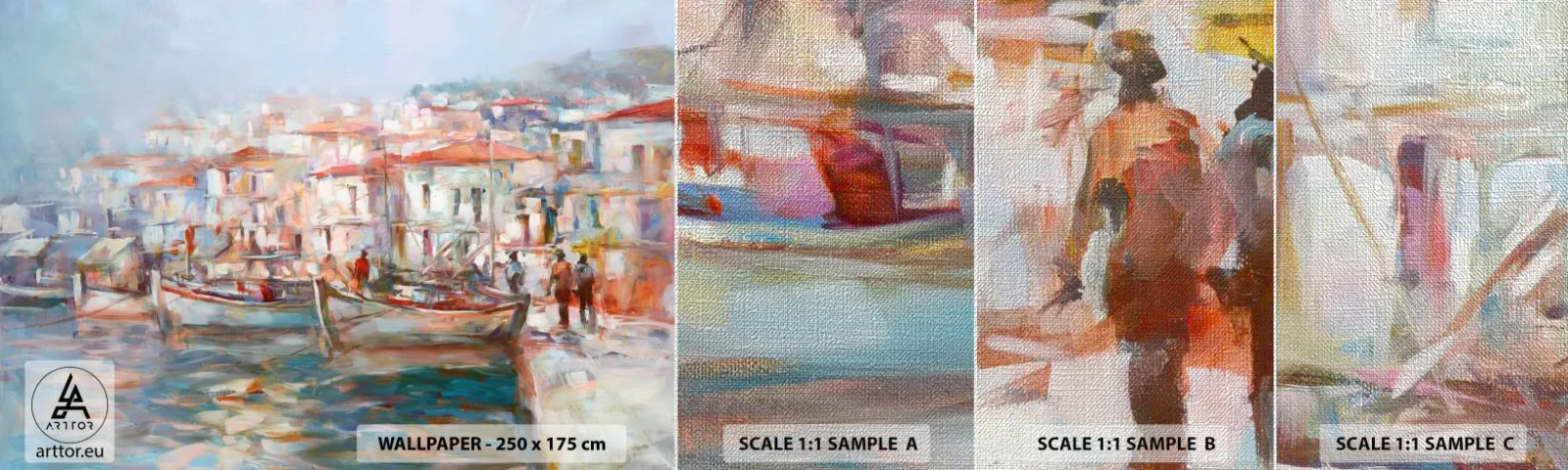 Fotobehang Monster Premium Canvas - Pastel vakantie - Havenstad, Architectuur, Vissersboot - 100x30 cm