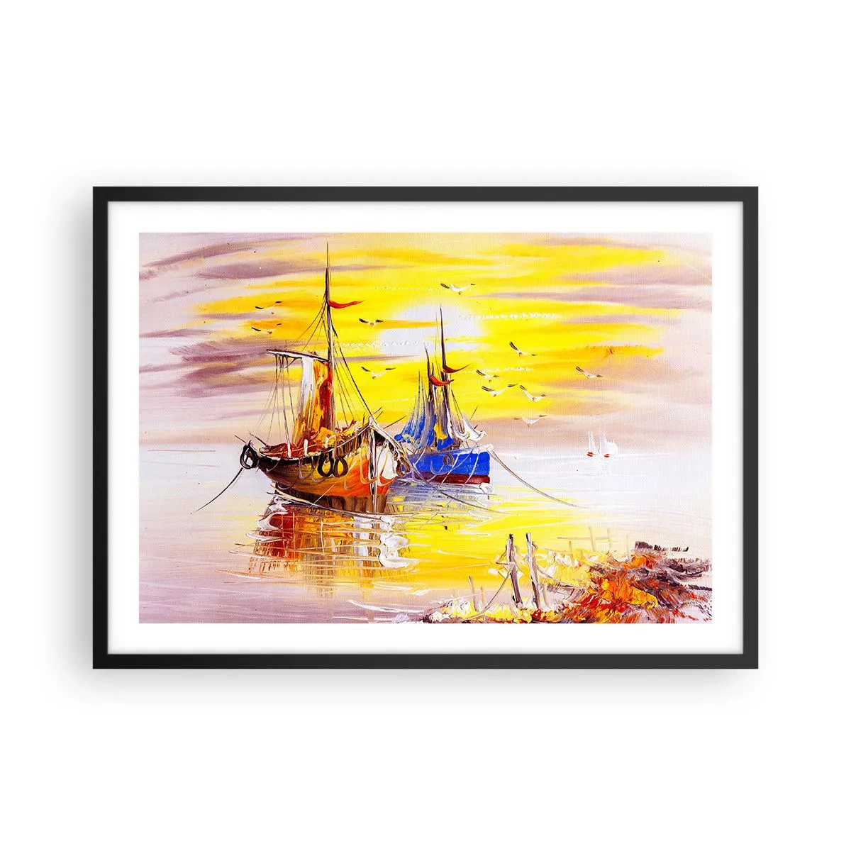 Poster in een zwarte lijst - Een welverdiende rust in de haven - 70x50 cm
